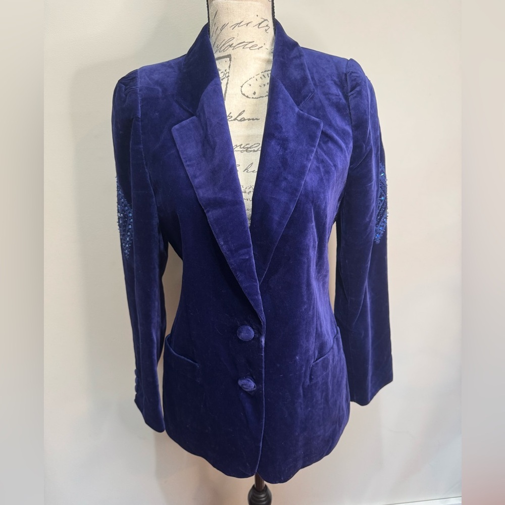 VINTAGE Escada Blue Velvet‎ Blazer Beaded Sz 38 Made in West Germany